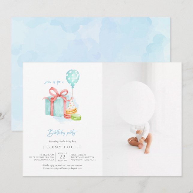 Watercolor Macaroons Baby Boy Birthday Party Photo Invitation (Front/Back)