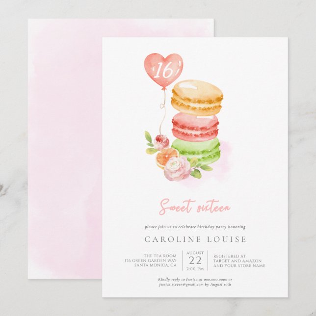 Watercolor Macaroons Sweet Sixteen Birthday Party  Invitation (Front/Back)