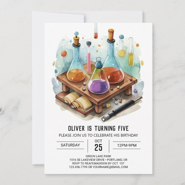 Watercolor Mad Scientist Lab Birthday Invitation (Front)