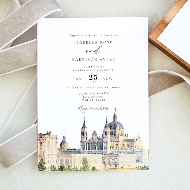 Watercolor Madrid Spain Buildings Skyline Wedding Invitation (Creator Uploaded)