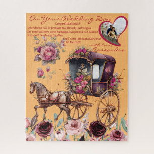 Watercolor Magenta Floral Carriage Newlyweds Gifts Jigsaw Puzzle