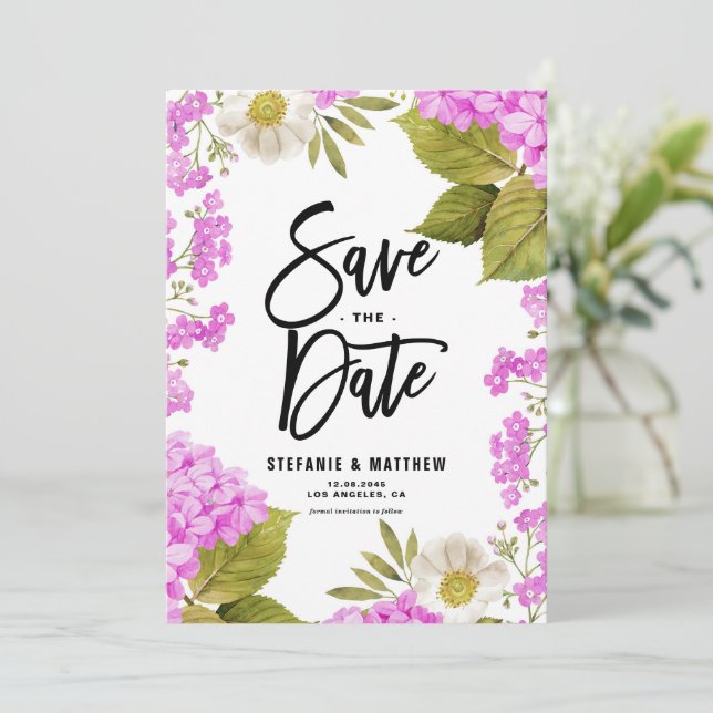 Watercolor Magenta Hydrangea Floral Save The Date (Standing Front)