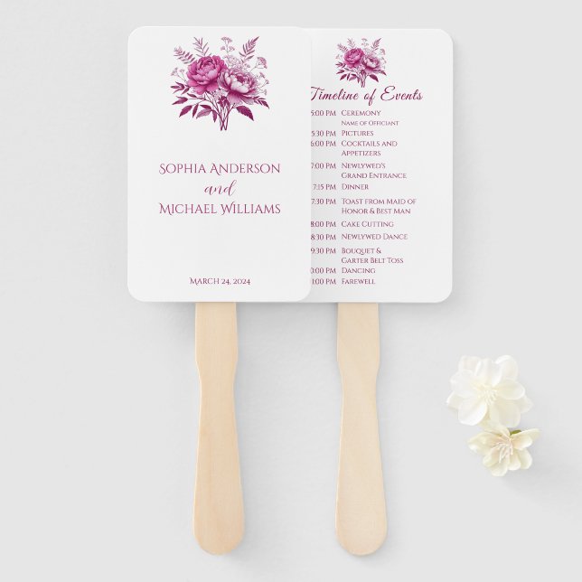Watercolor Magenta Peony-Wedding Program Hand Fan (Front and Back)