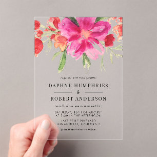 Watercolor Magenta Pink Flowers Botanical Wedding Acrylic Invitations