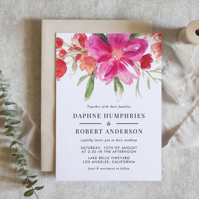 Watercolor Magenta Pink Flowers Botanical Wedding Invitation (Magenta Pink Flowers Botanical Wedding Invitation)