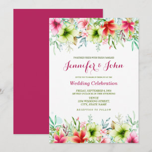 Watercolor Magenta Red Amaryllis Floral Wedding Invitation