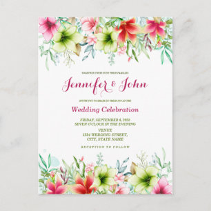 Watercolor Magenta Red Amaryllis Floral Wedding Postcard