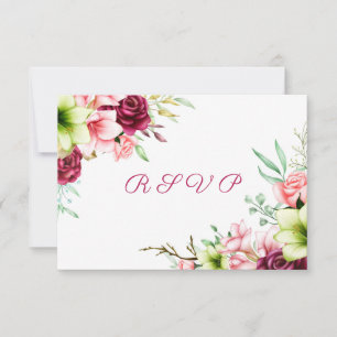 Watercolor Magenta Red Amaryllis Floral Wedding RSVP Card