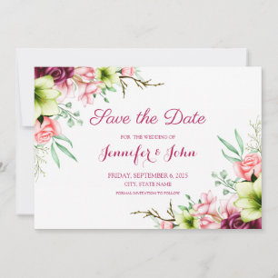 Watercolor Magenta Red Amaryllis Floral Wedding Save The Date