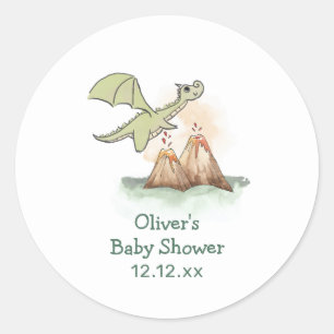 Watercolor Magic Dragon Mountain Boy Baby Shower Classic Round Sticker