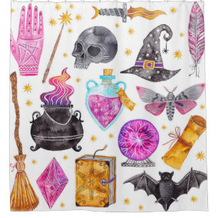 Watercolor magic icons. Hand drawn, doodle, sketch Shower Curtain