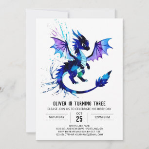 Watercolor Magical Dragon Digital Boy Birthday Invitation