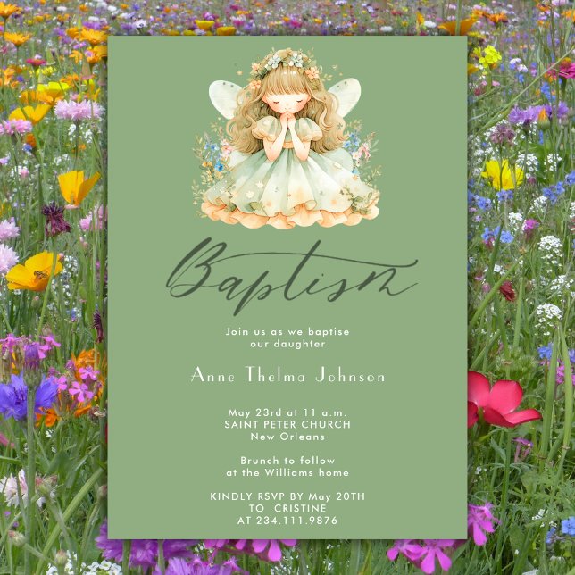  Watercolor Magical Fairy Olive Green Baptism Invitation (Creator Uploaded)