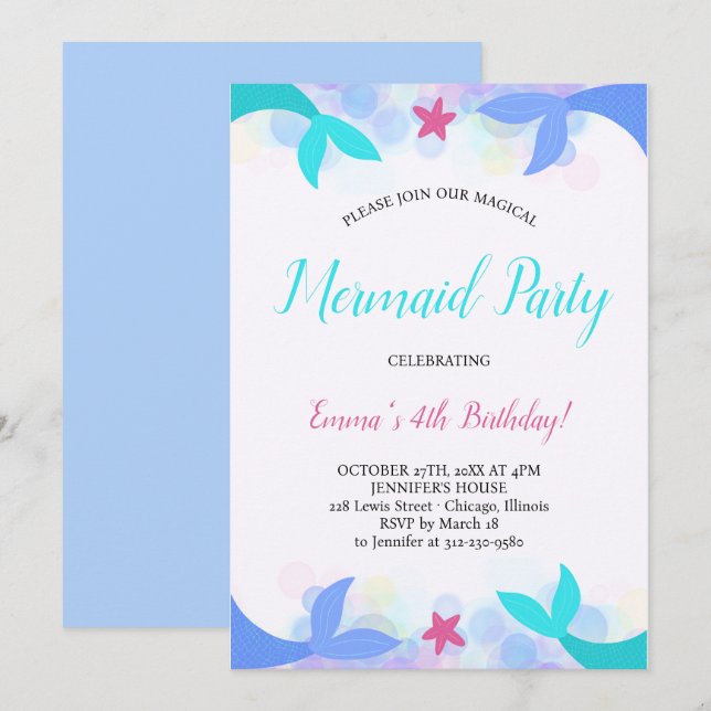 Watercolor Magical Mermaid Birthday Invitation (Front/Back)