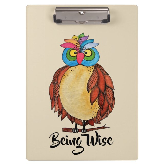 Watercolor Magical Owl With Rainbow Feathers Clipboard (Front)