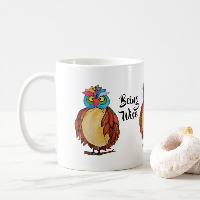 Watercolor Magical Owl With Rainbow Feathers Coffee Mug (With Donut)