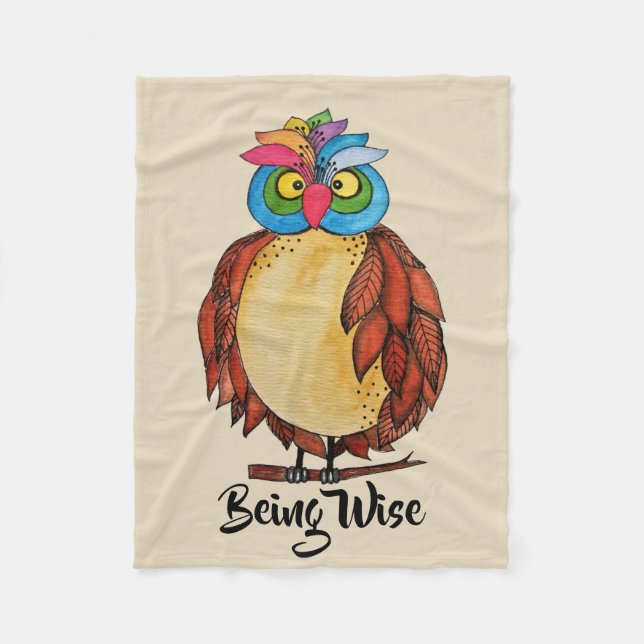 Watercolor Magical Owl With Rainbow Feathers Fleece Blanket (Front)