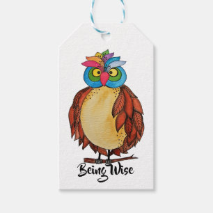 Watercolor Magical Owl With Rainbow Feathers Gift Tags
