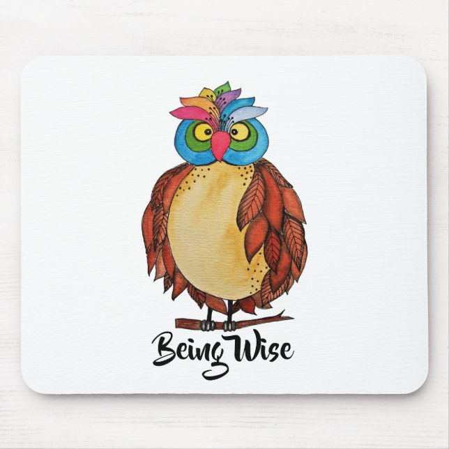Watercolor Magical Owl With Rainbow Feathers Mouse Mat (Front)