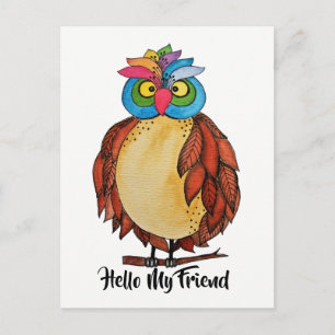 Watercolor Magical Owl With Rainbow Feathers Postcard