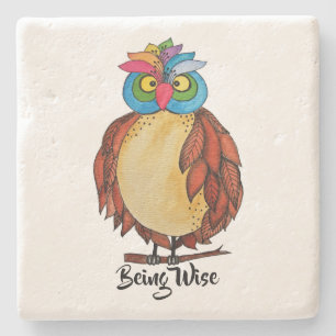 Watercolor Magical Owl With Rainbow Feathers Stone Coaster