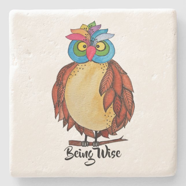 Watercolor Magical Owl With Rainbow Feathers Stone Coaster (Front)
