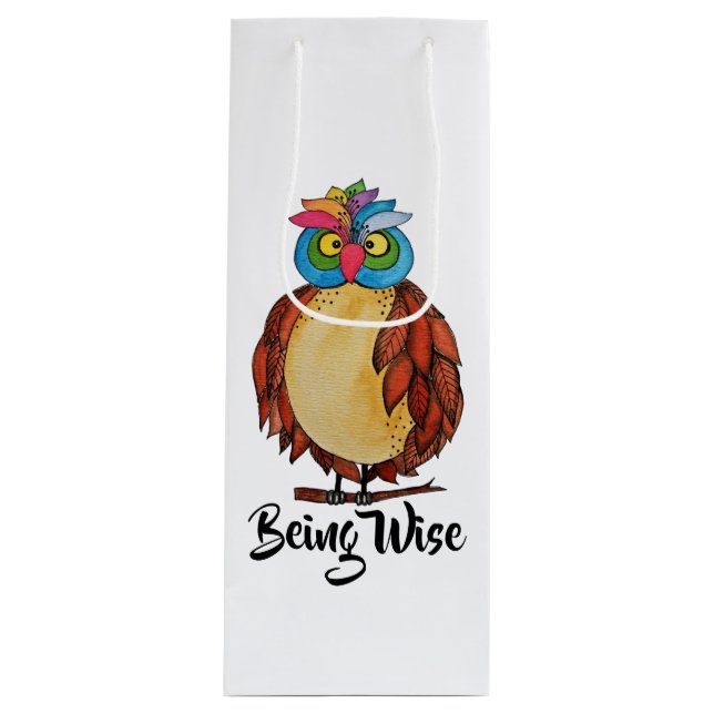 Watercolor Magical Owl With Rainbow Feathers Wine Gift Bag (Front)