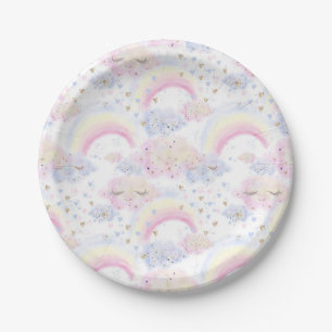 Watercolor Magical Rainbows and Clouds Glitter Paper Plate