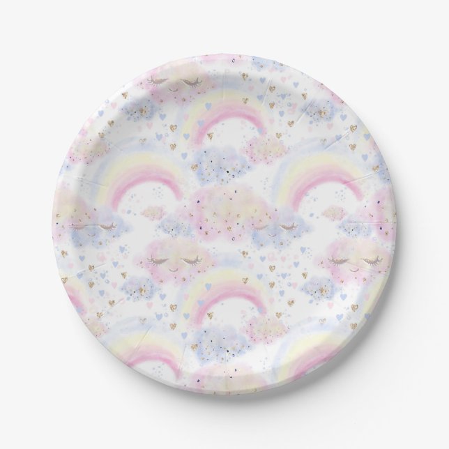 Watercolor Magical Rainbows and Clouds Glitter Paper Plate (Front)