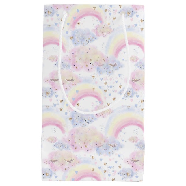Watercolor Magical Rainbows and Clouds Glitter Small Gift Bag (Front)
