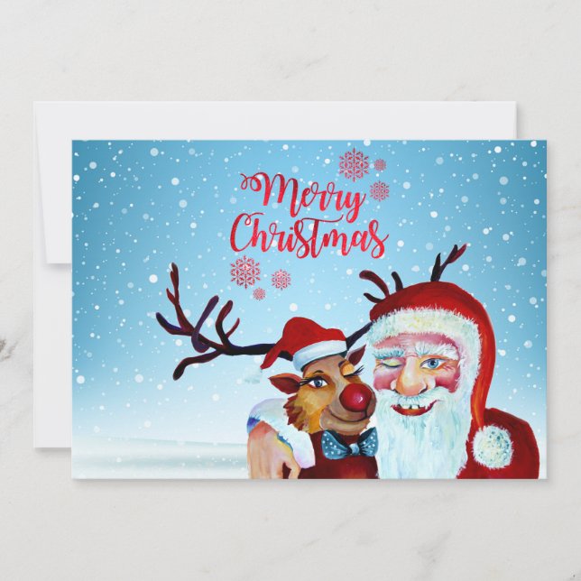 Watercolor Magical Santa Claus Smiling Rudolph Holiday Card (Front)