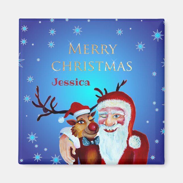 Watercolor Magical Santa Claus Smiling Rudolph Magnet (Front)