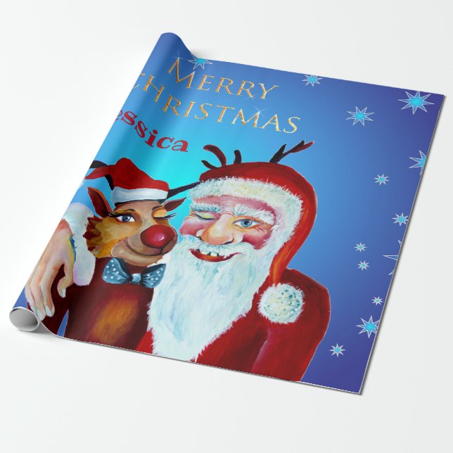 Watercolor Magical Santa Claus Smiling Rudolph Wrapping Paper (Unrolled)