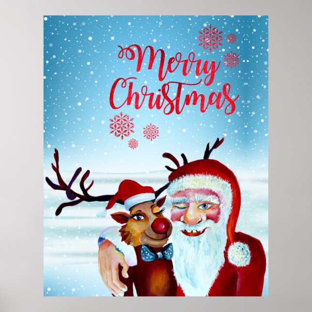 Watercolor Magical Santa Clause Smiling Rudolph Poster (Front)