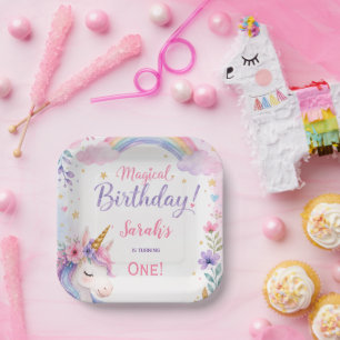 Watercolor Magical Unicorn Birthday Paper Plate