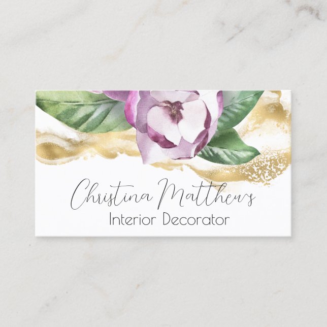 Watercolor Magnolia and Gold Business Card (Front)