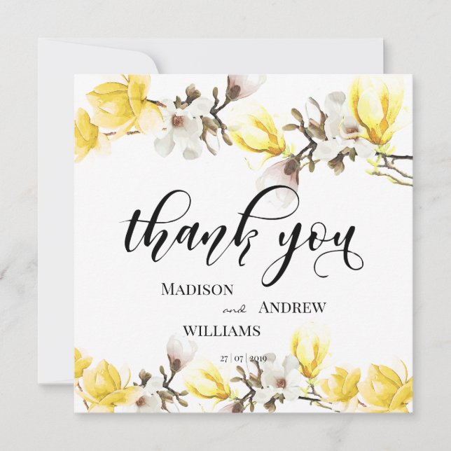Watercolor Magnolia Blossom Calligraphy Thank You Card (Front)