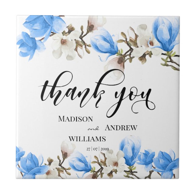 Watercolor Magnolia Blossom Calligraphy Thank You Tile (Front)