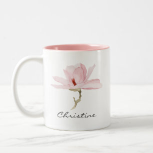Watercolor Magnolia Blossom with Your Name Two-Tone Coffee Mug