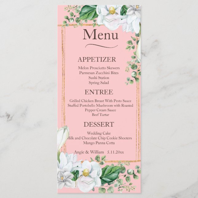 Watercolor Magnolia Blush Wedding Menu (Front)