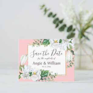 Watercolor Magnolia Blush Wedding Save the Date Postcard