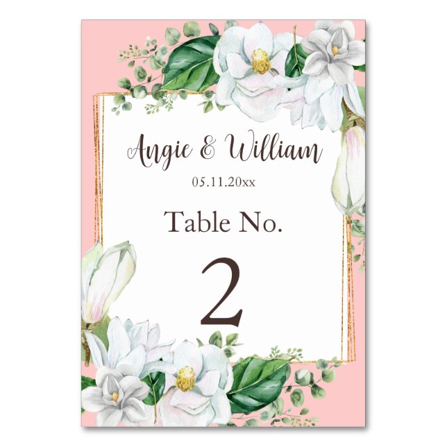 Watercolor Magnolia Blush Wedding Table Number (Front)