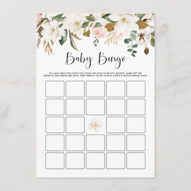 Watercolor Magnolia Cotton Baby Shower Bingo Game Enclosure Card (Front)