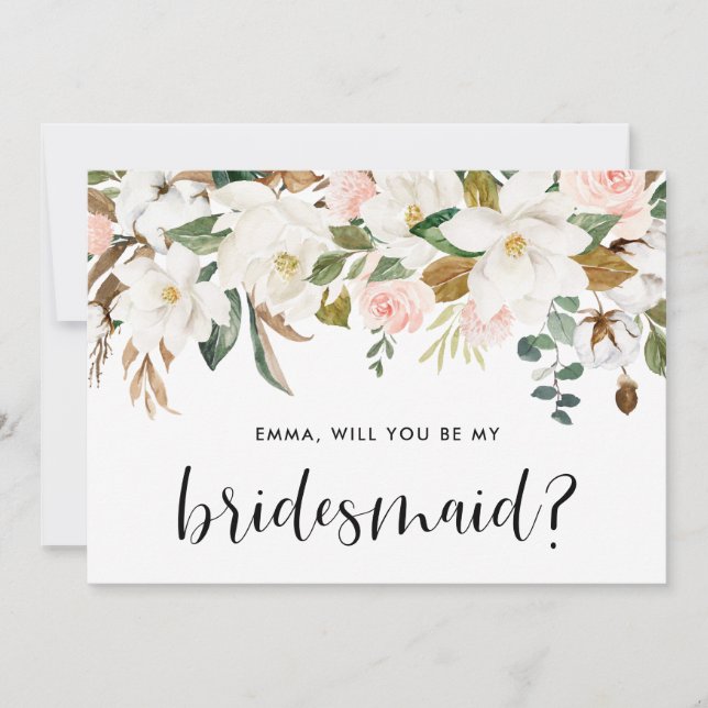 Watercolor Magnolia Cotton Garland Bridesmaid Card (Front)
