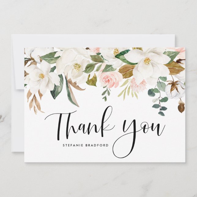 Watercolor Magnolia Cotton Garland Thank You Card (Front)