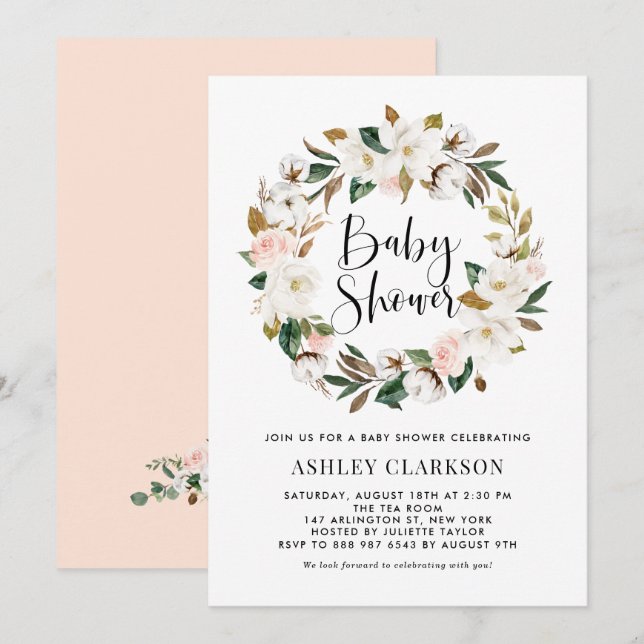Watercolor Magnolia Cotton Wreath Baby Shower Invitation (Front/Back)