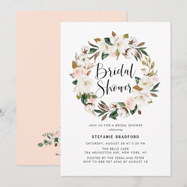Watercolor Magnolia Cotton Wreath Bridal Shower Invitation (Front/Back)