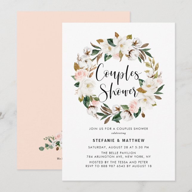 Watercolor Magnolia Cotton Wreath Couples Shower Invitation (Front/Back)