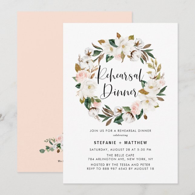 Watercolor Magnolia Cotton Wreath Rehearsal Dinner Invitation (Front/Back)