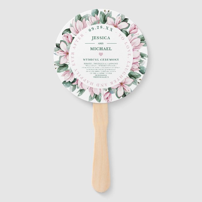Watercolor Magnolia Eucalyptus Bouquet Wedding Hand Fan (Front)